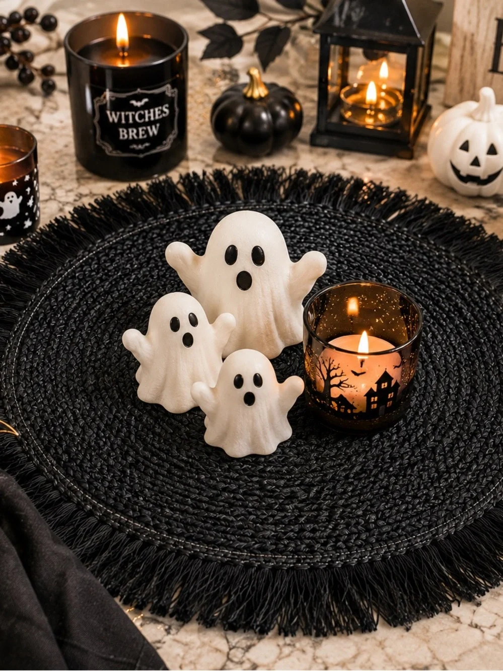 Black Woven Round Fringe Placemat Halloween Decor Accent